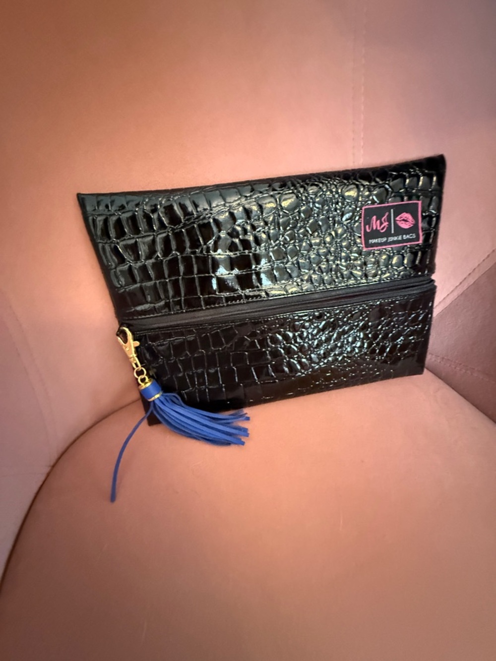 Makeup Junkie Black Croc-Embossed with Blue Tassel